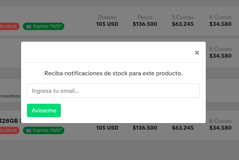 Alerta por aviso de stock